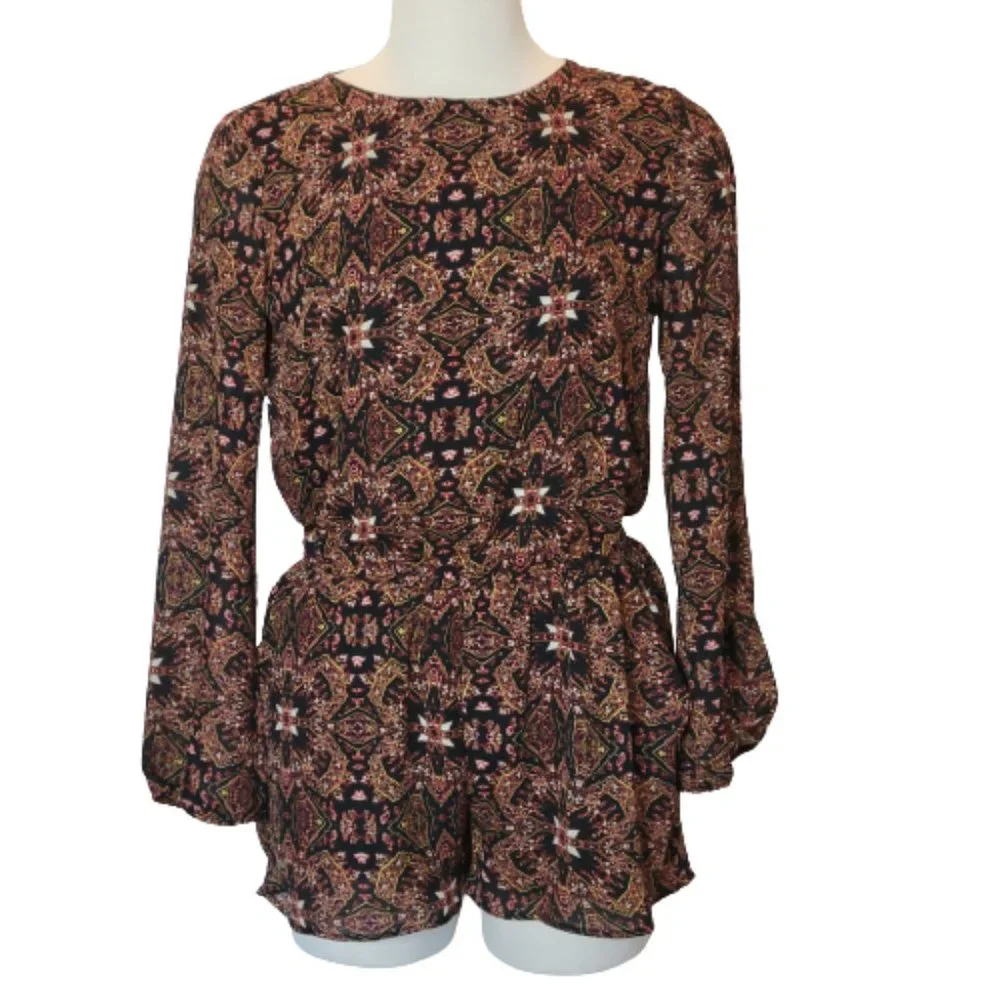 Lucca Couture Batik Pattern Romper Blk/Maroon Open Back Size M - Picture 1 of 14